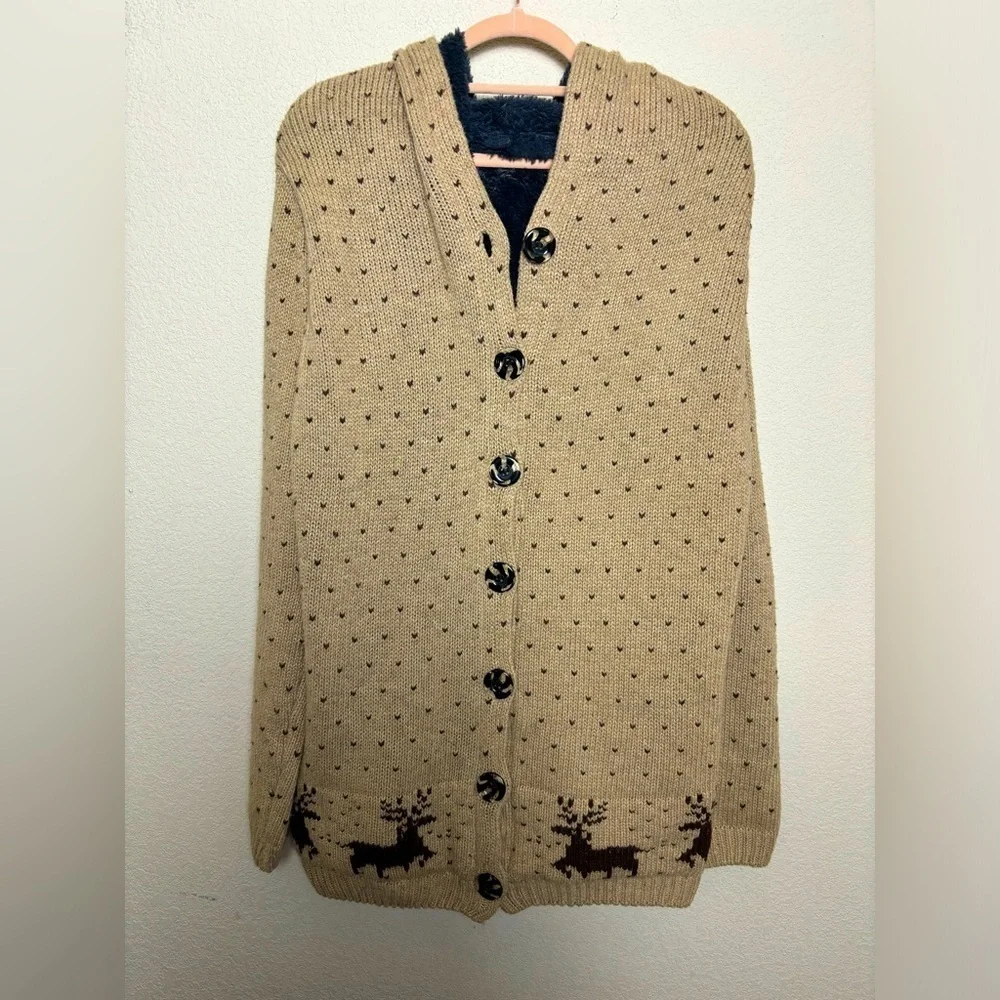 Cottagecore Cream and Brown Deer Print Sherpa Fur Lined Knit Hooded Cardigan M/L